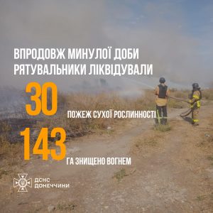 Донеччина: минулої доби рятувальники ліквідували 30 пожеж на відкритій території, 2 з яких виникли внаслідок обстрілів.