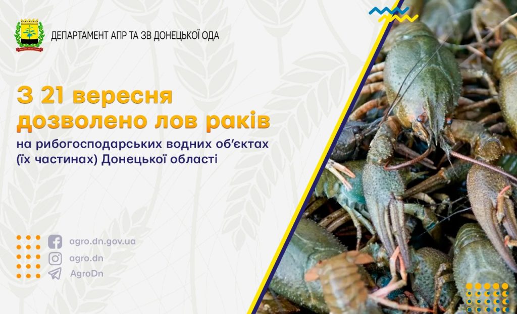З 21 вересня дозволено лов раків на рибогосподарських водних об’єктах (їх частинах) Донецької області
